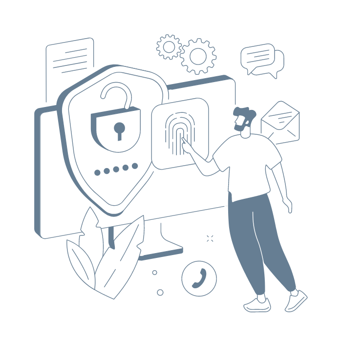 Illustration einer Person, die ein digitales Sicherheitsschloss mit Fingerabdruck authentifiziert.