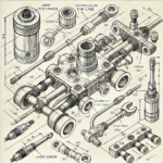 Zugmäuler in der Land- und Baumaschinentechnik.Technische Zeichnung eines hydraulischen Oberlenkers für landwirtschaftliche Maschinen, einschließlich detaillierter Ansichten der Hauptkomponenten.