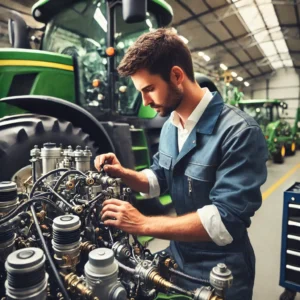 Hochwertige Informationen zu Landwirtschaftlichen- und Baumaschinenzubehör. Ein professioneller Landmaschinentechniker, der in einer gut beleuchteten Werkstatt an einer komplexen landwirtschaftlichen Maschine arbeitet.