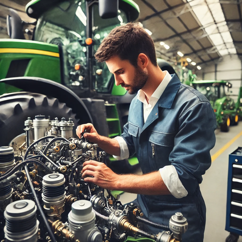 Hochwertige Informationen zu Landwirtschaftlichen- und Baumaschinenzubehör. Ein professioneller Landmaschinentechniker, der in einer gut beleuchteten Werkstatt an einer komplexen landwirtschaftlichen Maschine arbeitet.